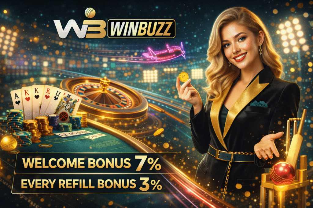 Confident casino host holding a gold coin beside Winbuzz branding, roulette wheel, playing cards, bonus offers, and sparkling lights.