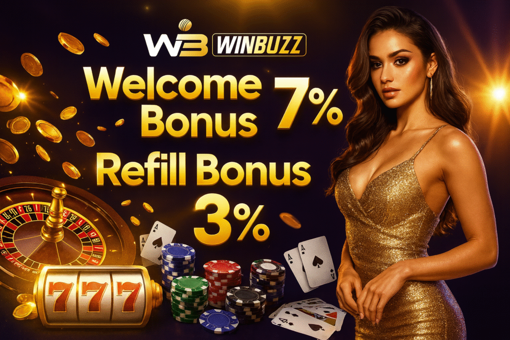 WB Winbuzz gold casino ad with woman, coins, roulette/slot, chips; “Welcome Bonus 7% / Refill Bonus 3%.”
