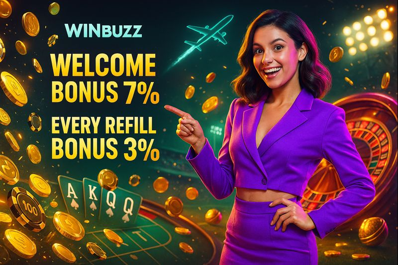 Winbuzz bonus advertisement with a woman in a bright purple suit pointing at text: “Welcome Bonus 7%” and “Every Refill Bonus 3%,” with flying gold coins, poker cards, casino chips, a roulette wheel, and a neon airplane.