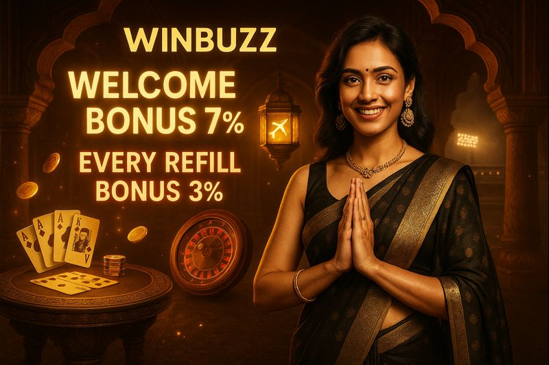 Warm, traditional-style Winbuzz banner showing “Welcome Bonus 7%” and “Every Refill Bonus 3%,” featuring a woman in a black sari with hands folded in greeting, alongside playing cards, coins, and a roulette wheel in a golden-lit setting.
