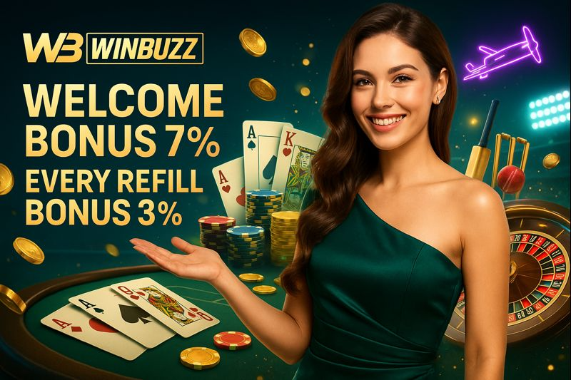 Winbuzz promotion image with a woman in a green dress presenting “Welcome Bonus 7%” and “Every Refill Bonus 3%,” surrounded by playing cards, poker chips, gold coins, a roulette wheel, and a neon airplane icon.