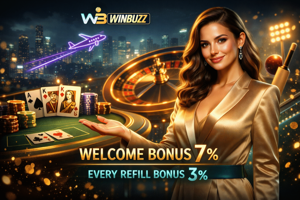 Elegant woman in a gold blazer presenting WinBuzz bonuses against a luxury city-night casino backdrop.