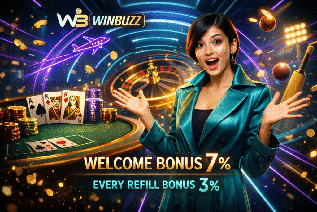 Excited woman in a teal metallic coat with open hands inside a neon tunnel casino scene featuring cards and roulette.
