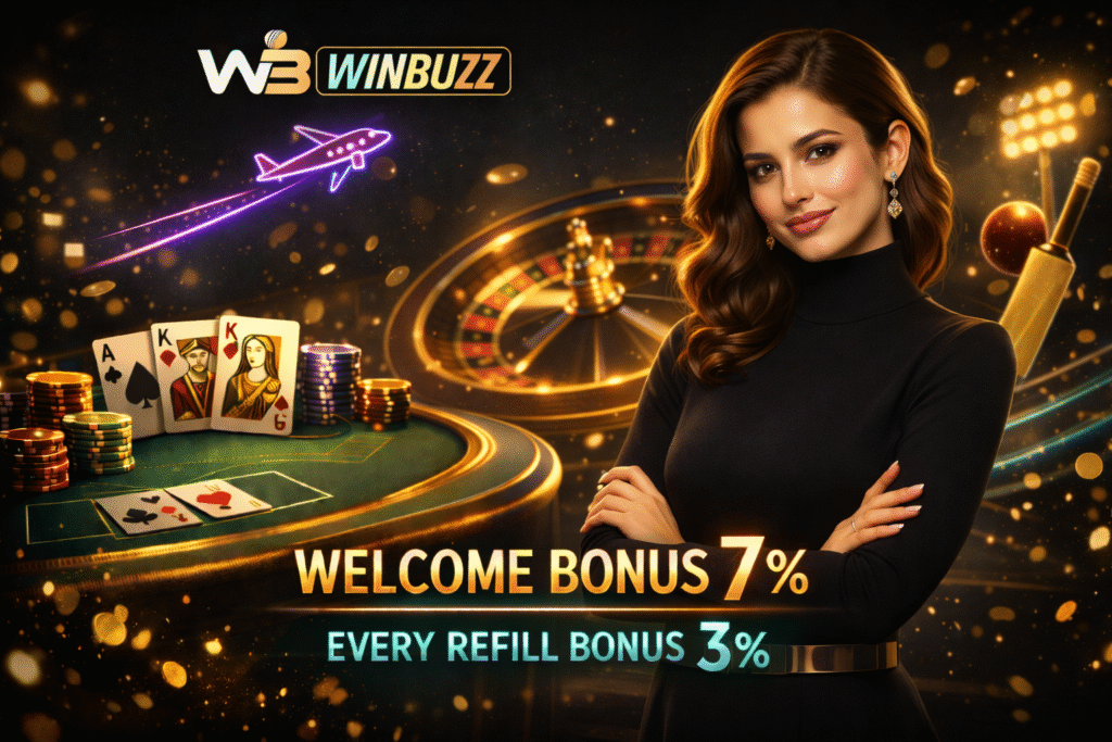 Confident woman in a black luxury dress with folded arms inside a gold-accent casino scene featuring cards and roulette.