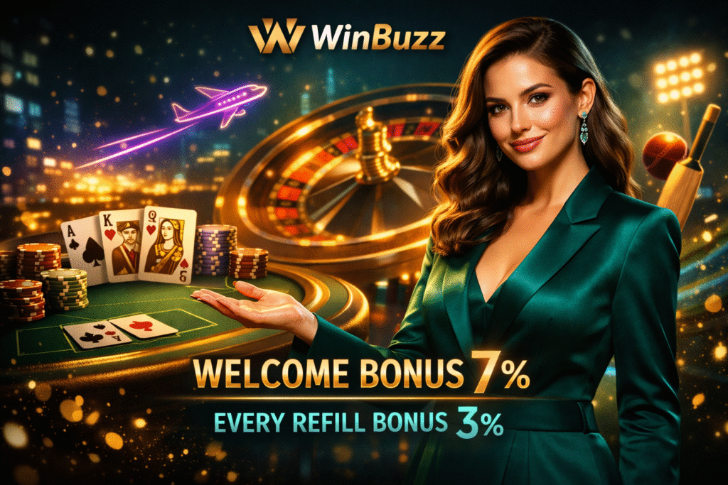 Stylish woman in a deep green blazer presenting WinBuzz bonuses in a luxury casino city-night scene.