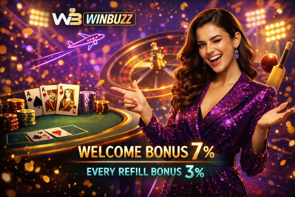 Glamorous woman in a purple sequin outfit winking and pointing at WinBuzz bonus text on a festive casino stage.