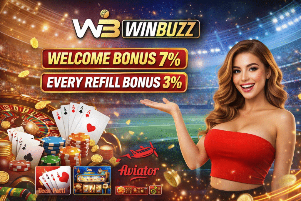 WB WinBuzz casino promotion artwork showing bonus offers with cards, chips, gold coins, and a glamorous host in a stadium setting.
