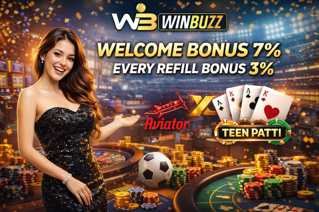 Casino promotion visual featuring bonus offers, playing cards, chips, and a smiling presenter.