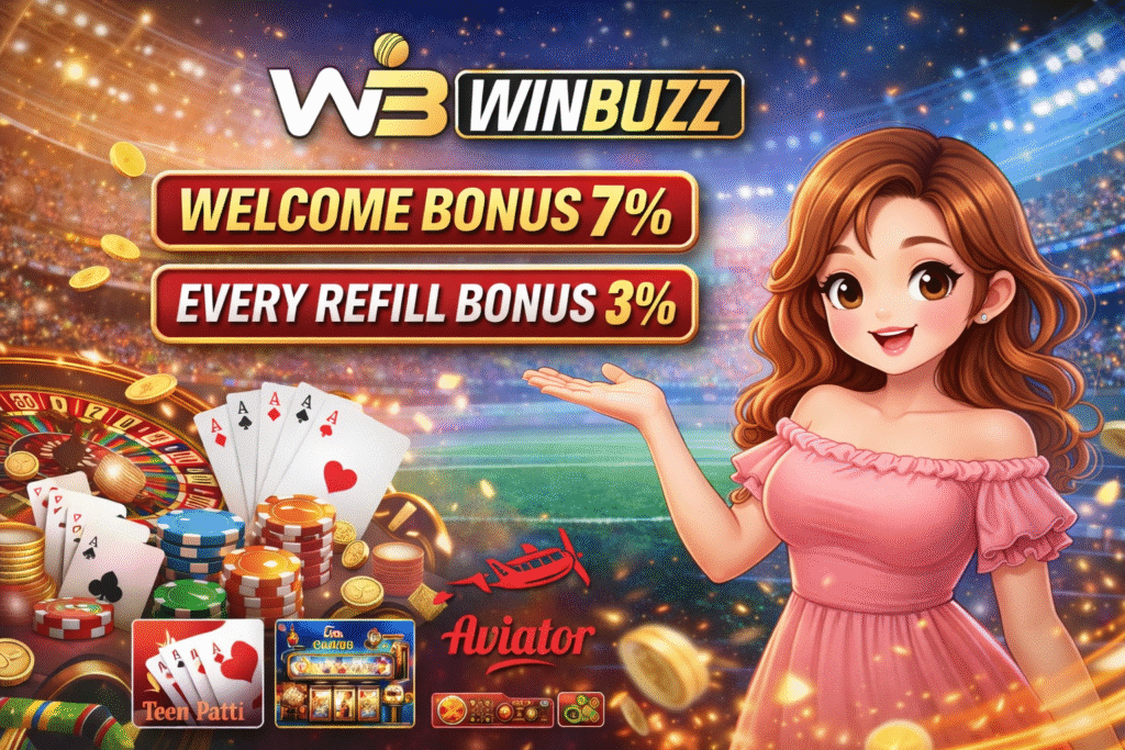 WinBuzz WB promo banner with 7% welcome and 3% refill bonus, coins and casino icons, cartoon host on the right.