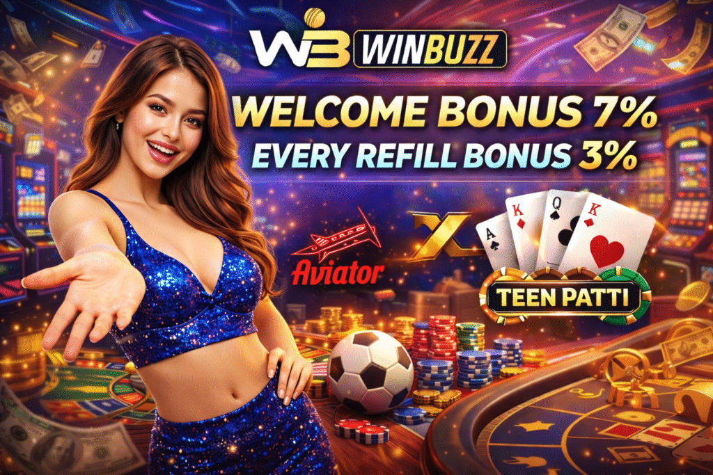 Bright casino advertising image with bonus text, gaming tables, cards, and a welcoming female host.