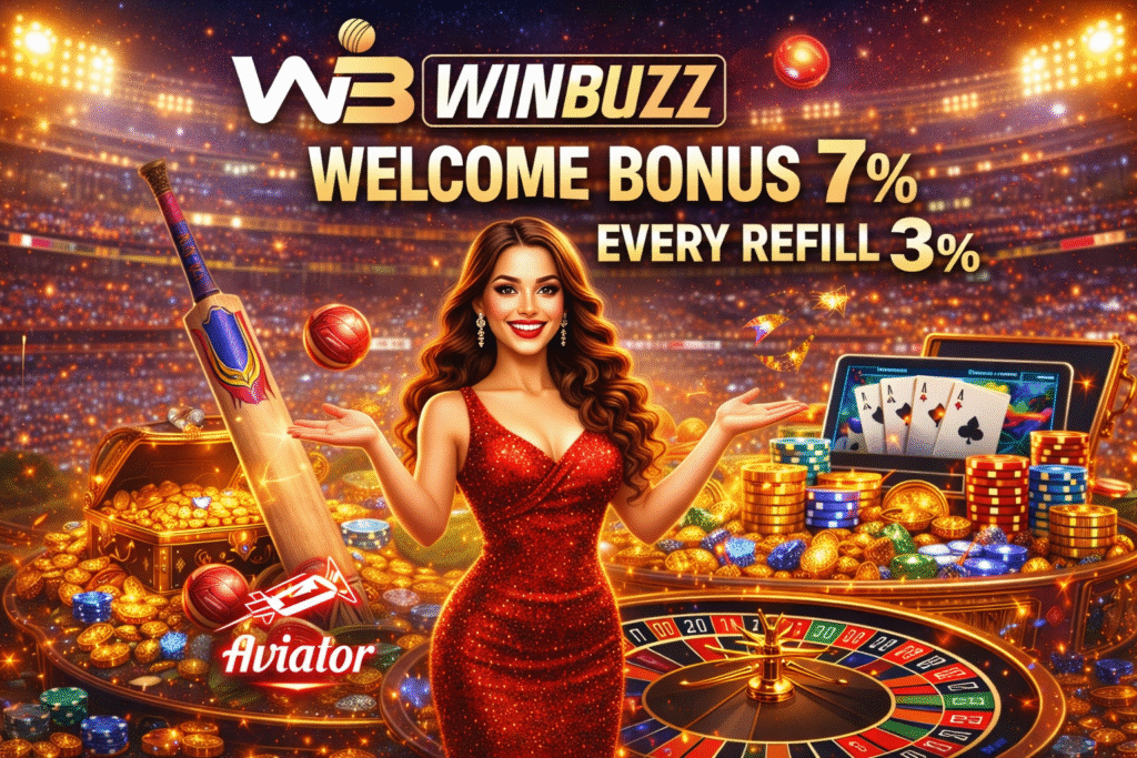 A promotional casino banner showing a woman in a red glitter dress standing in a stadium setting, surrounded by gold coins, a roulette wheel, playing cards, poker chips, a cricket bat and ball, and text advertising W3 Winbuzz bonuses.