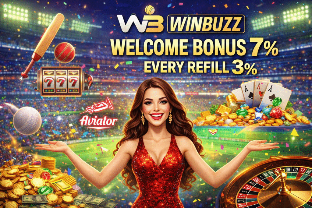 A vibrant casino and cricket-themed promotional banner featuring a woman in a red glitter dress, surrounded by gold coins, playing cards, a roulette wheel, a slot machine showing 777, and W3 Winbuzz bonus text.