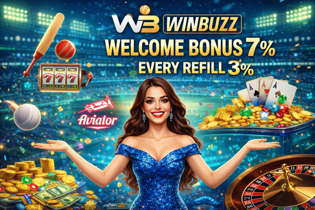 A promotional banner showing a woman in a blue glitter dress with casino and cricket elements, including slot machine 777, playing cards, roulette wheel, gold coins, and W3 Winbuzz bonus text.