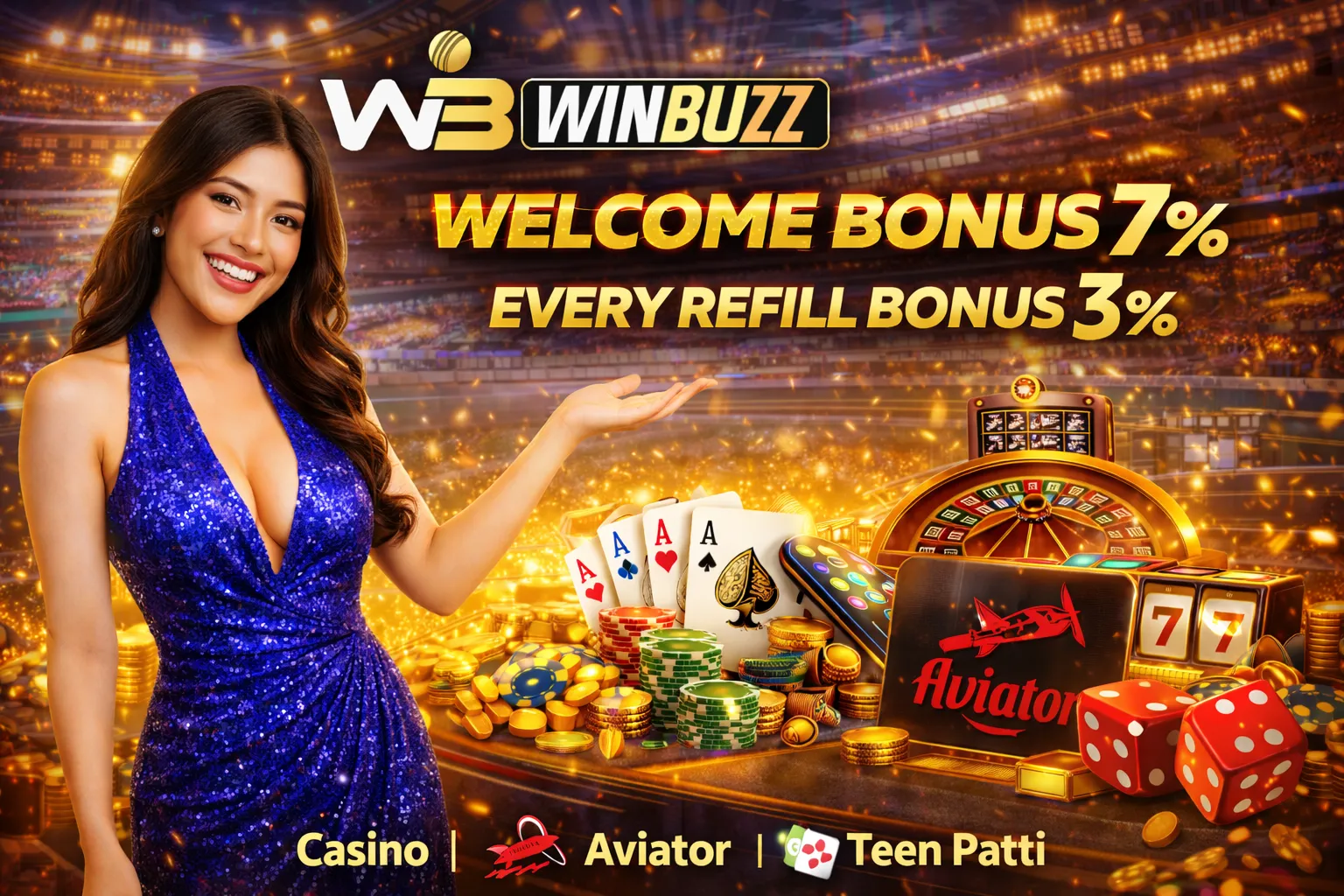 Promotional banner of WinBuzz casino platform offering welcome and refill bonuses with gaming visuals.